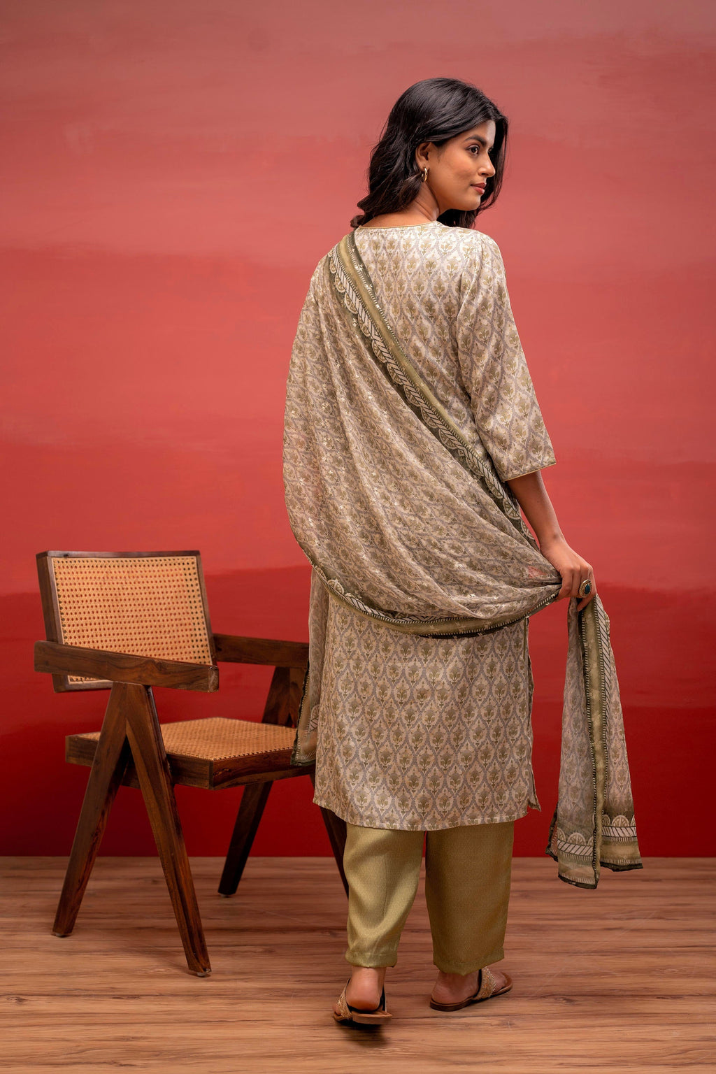 Juniper Green Floral Printed Kurta With Pant And Dupatta, Beads Work - Distacart