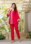 Juniper Red Embroidered V-Neck Co-Ord Set With Straight Pants - Distacart