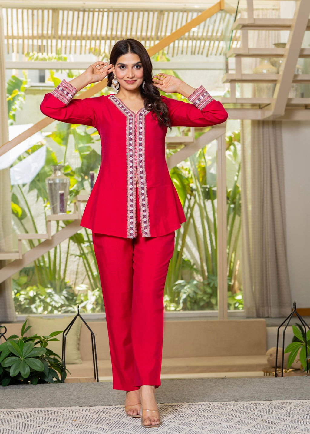Juniper Red Embroidered V-Neck Co-Ord Set With Straight Pants - Distacart