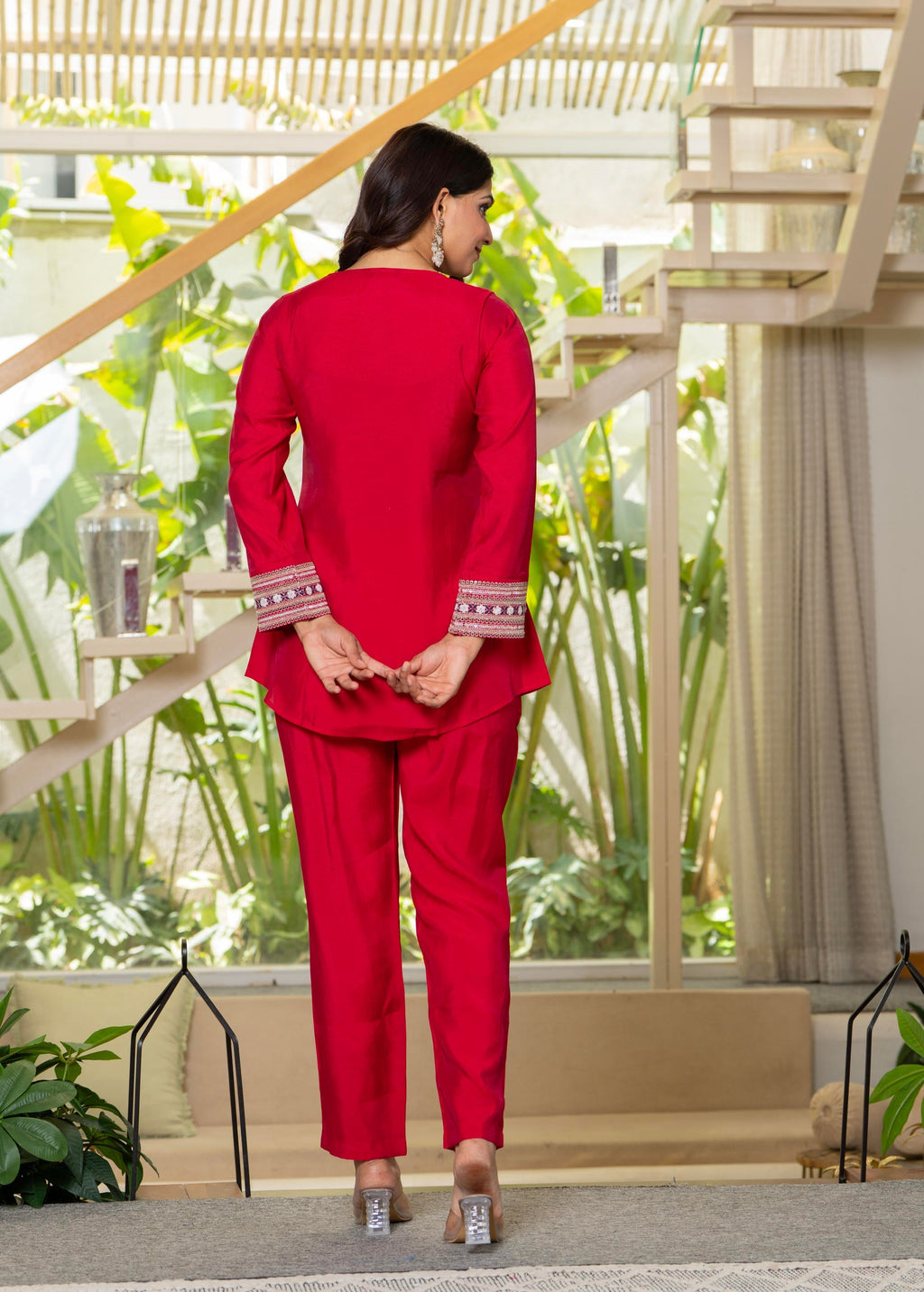 Juniper Red Embroidered V-Neck Co-Ord Set With Straight Pants - Distacart
