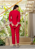 Juniper Red Embroidered V-Neck Co-Ord Set With Straight Pants - Distacart