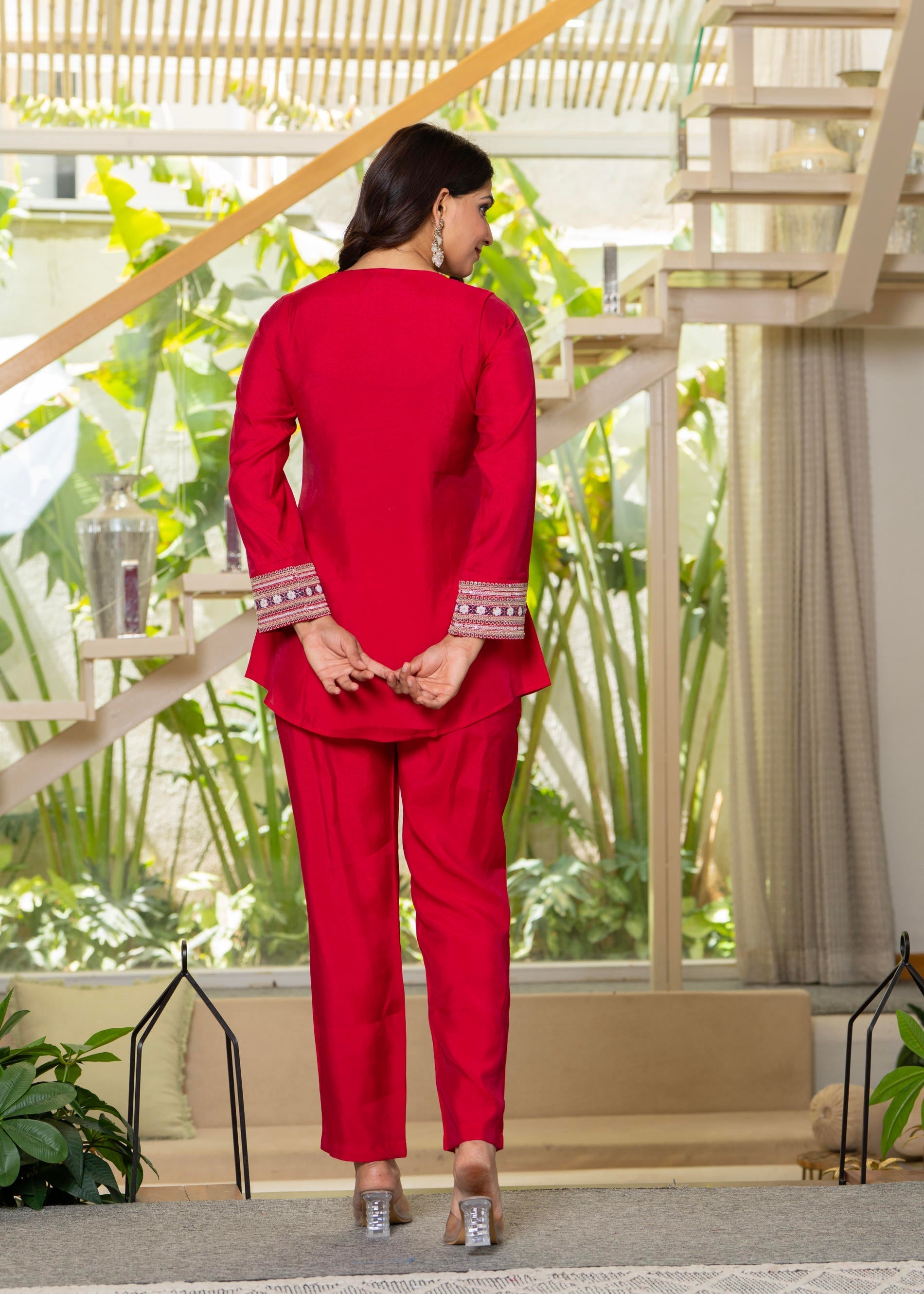 Juniper Red Embroidered V-Neck Co-Ord Set With Straight Pants - Distacart