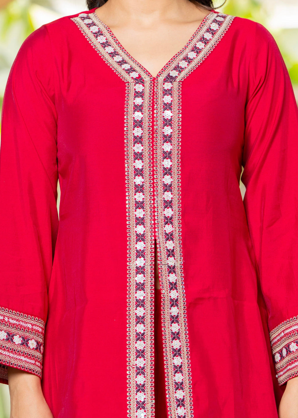 Juniper Red Embroidered V-Neck Co-Ord Set With Straight Pants - Distacart
