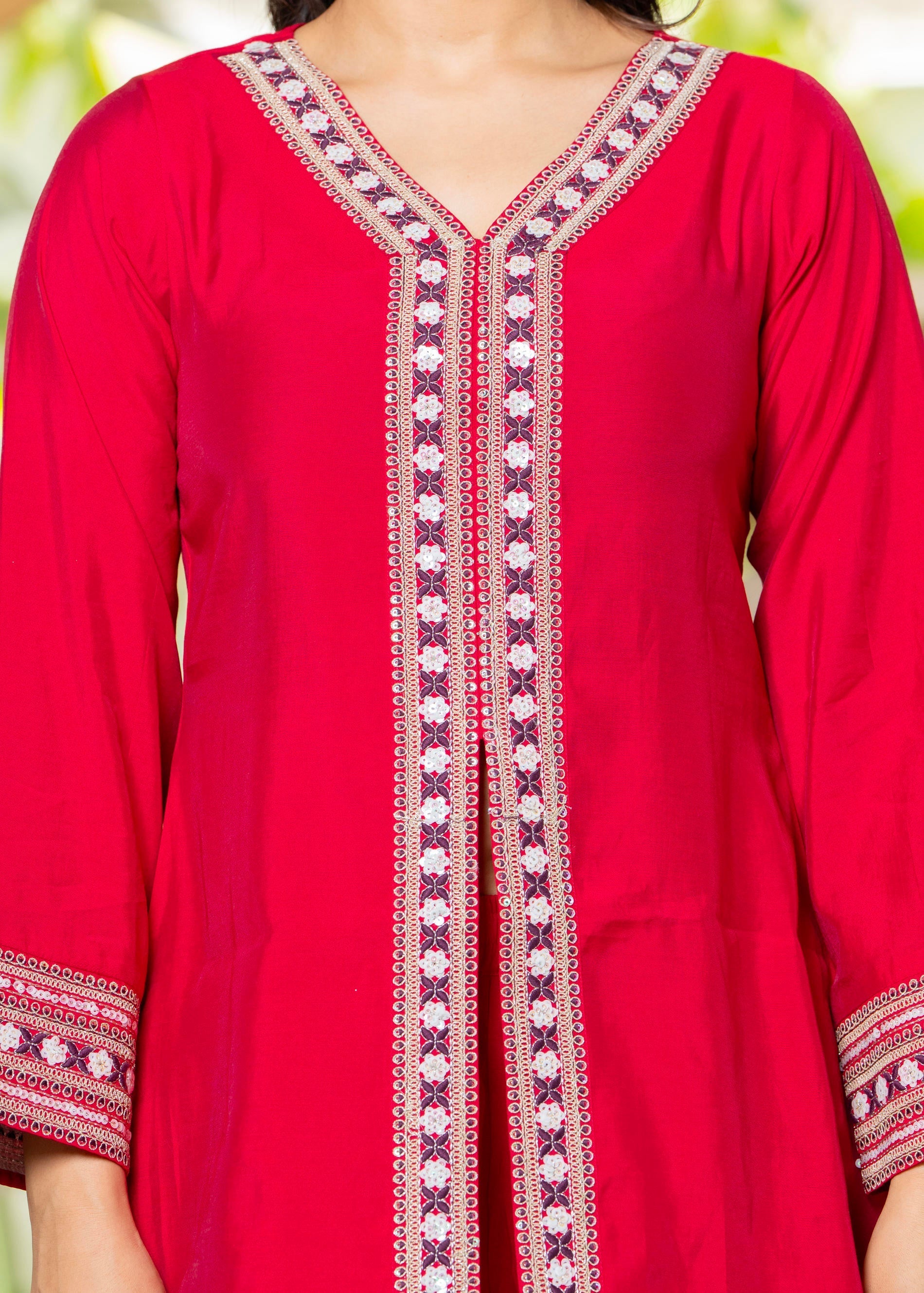 Juniper Red Embroidered V-Neck Co-Ord Set With Straight Pants - Distacart