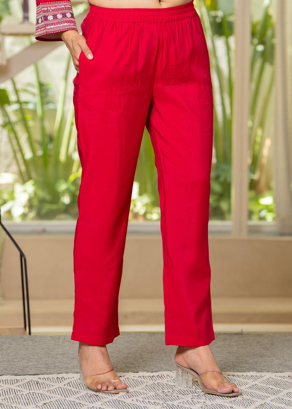 Juniper Red Embroidered V-Neck Co-Ord Set With Straight Pants - Distacart
