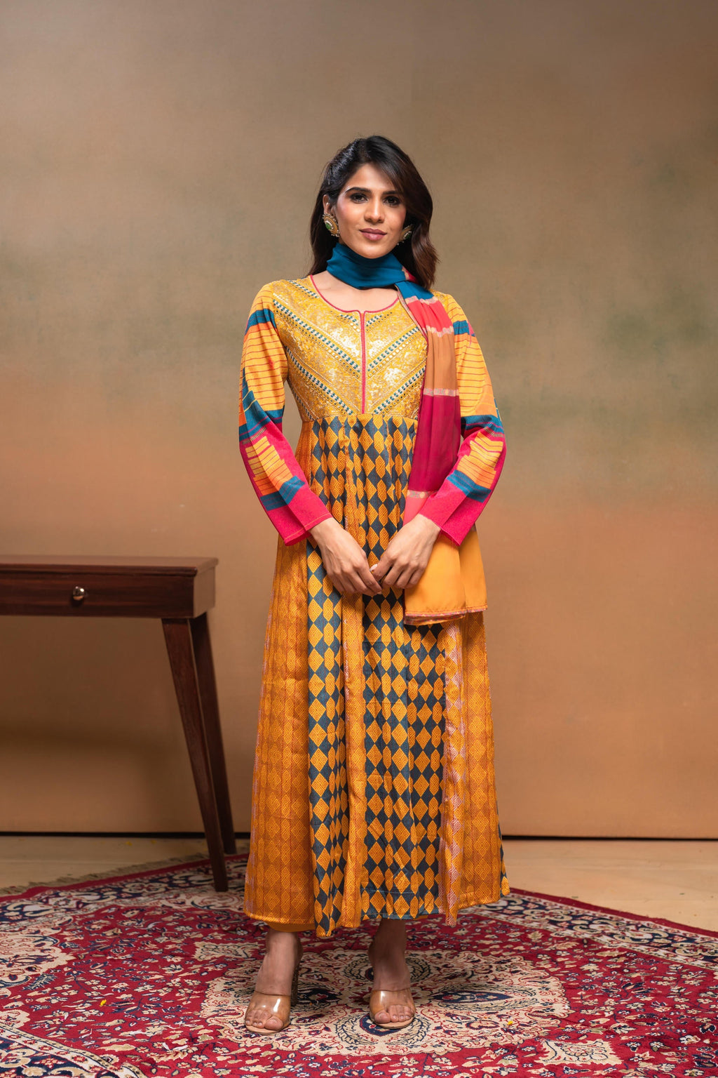 Juniper Man Made Fiber Mustard Embroidered Color Block Kurta Pant Dupatta Set With Mirror & Thread Work - Distacart