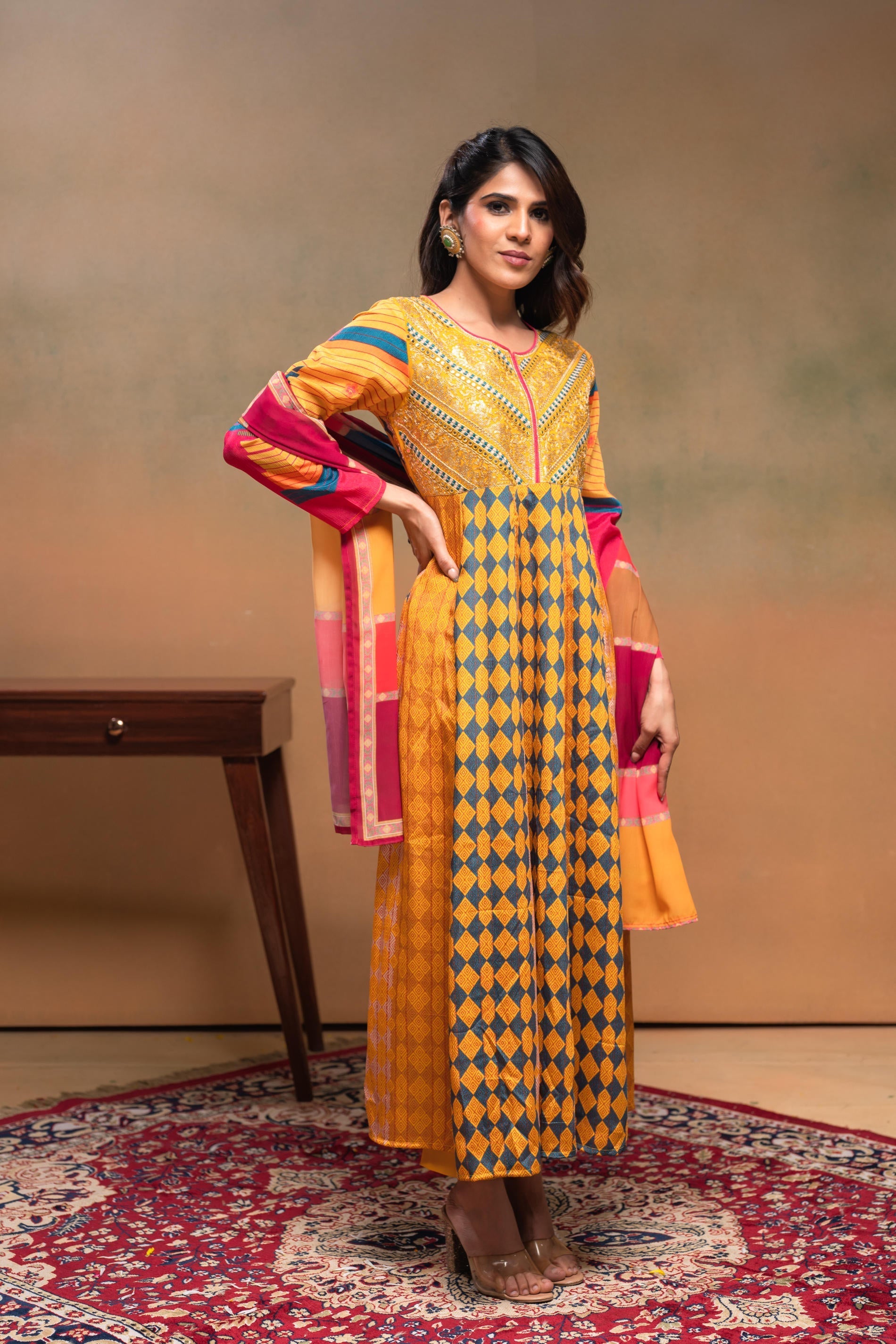 Juniper Man Made Fiber Mustard Embroidered Color Block Kurta Pant Dupatta Set With Mirror & Thread Work - Distacart