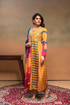 Juniper Man Made Fiber Mustard Embroidered Color Block Kurta Pant Dupatta Set With Mirror & Thread Work - Distacart