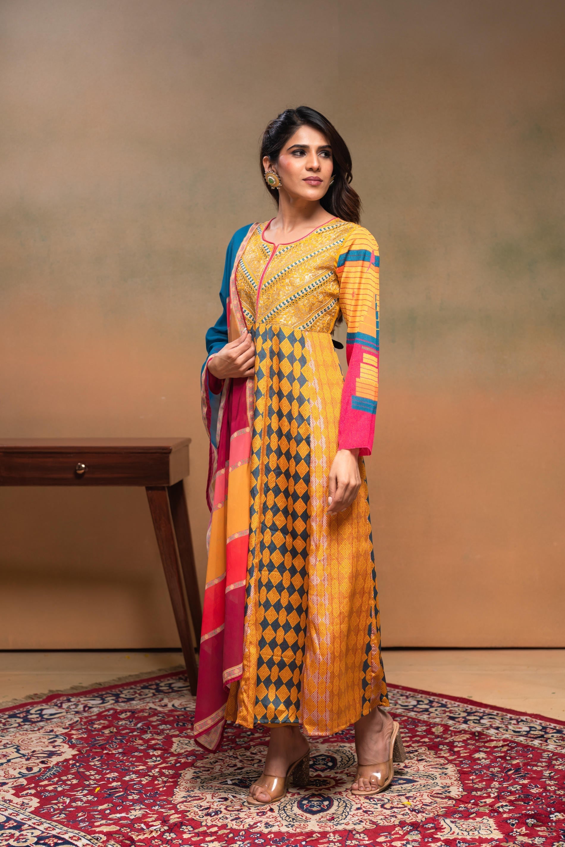Juniper Man Made Fiber Mustard Embroidered Color Block Kurta Pant Dupatta Set With Mirror & Thread Work - Distacart