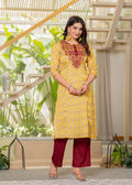 Juniper Yellow Floral Poly Kurta And Pants Set With Mirror, Thread Work - Distacart