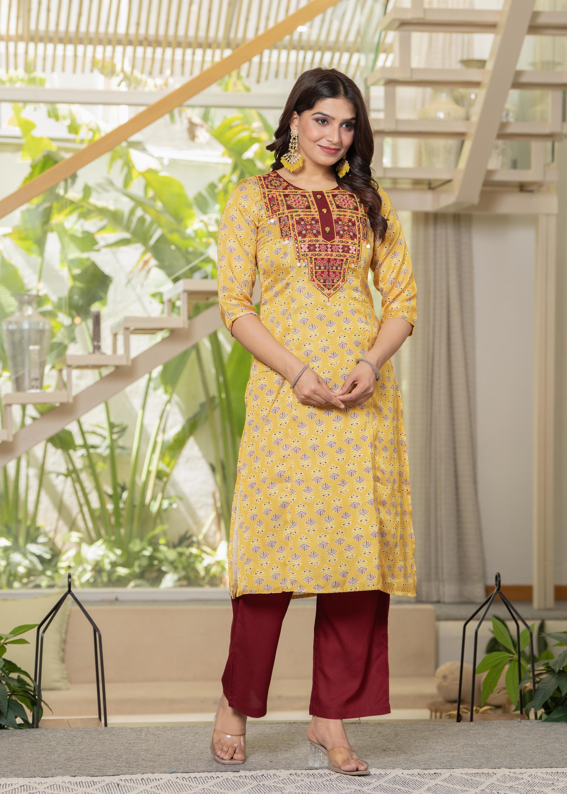 Juniper Yellow Floral Poly Kurta And Pants Set With Mirror, Thread Work - Distacart