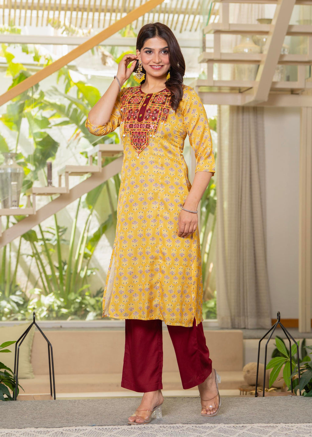 Juniper Yellow Floral Poly Kurta And Pants Set With Mirror, Thread Work - Distacart