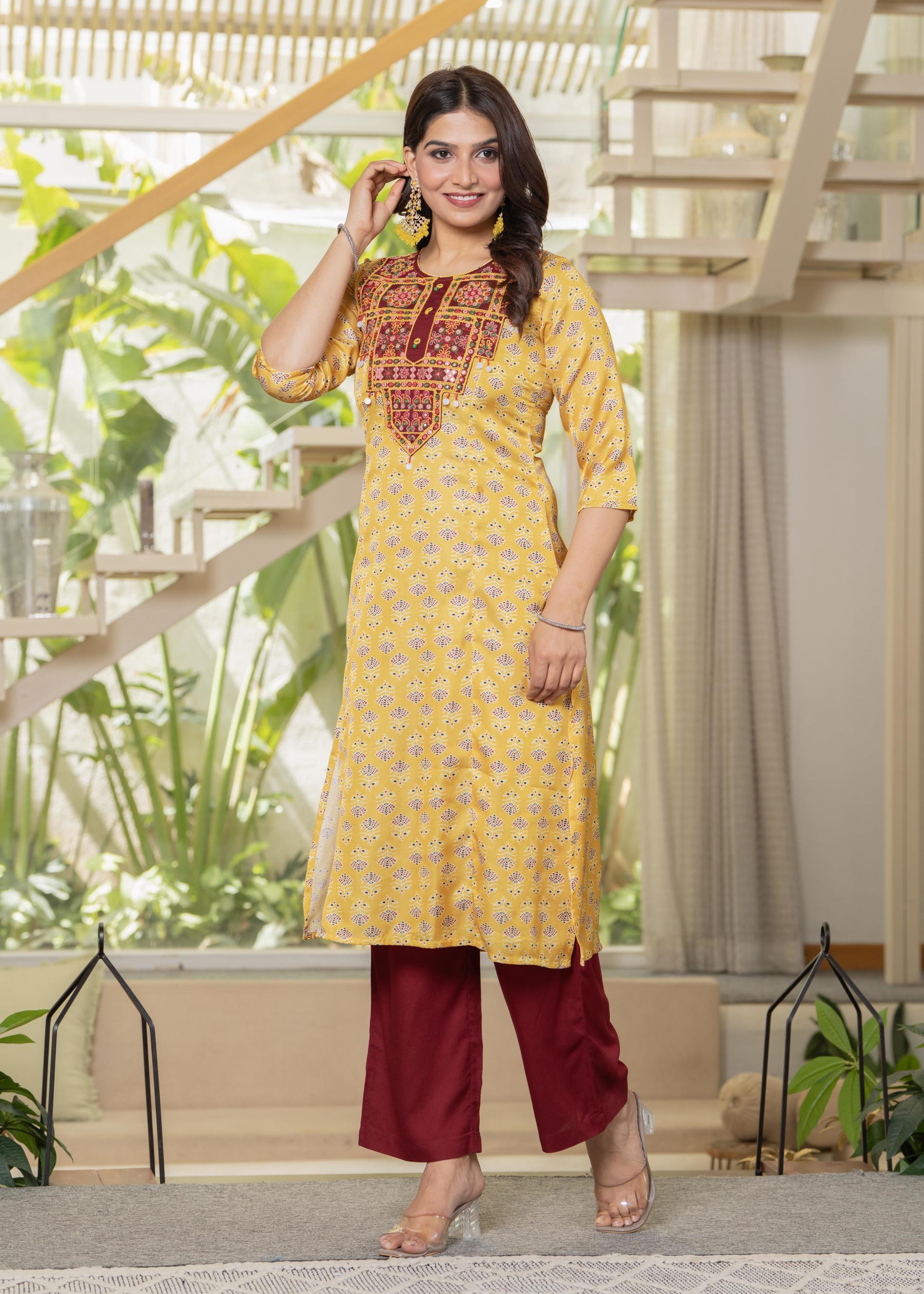 Juniper Yellow Floral Poly Kurta And Pants Set With Mirror, Thread Work - Distacart