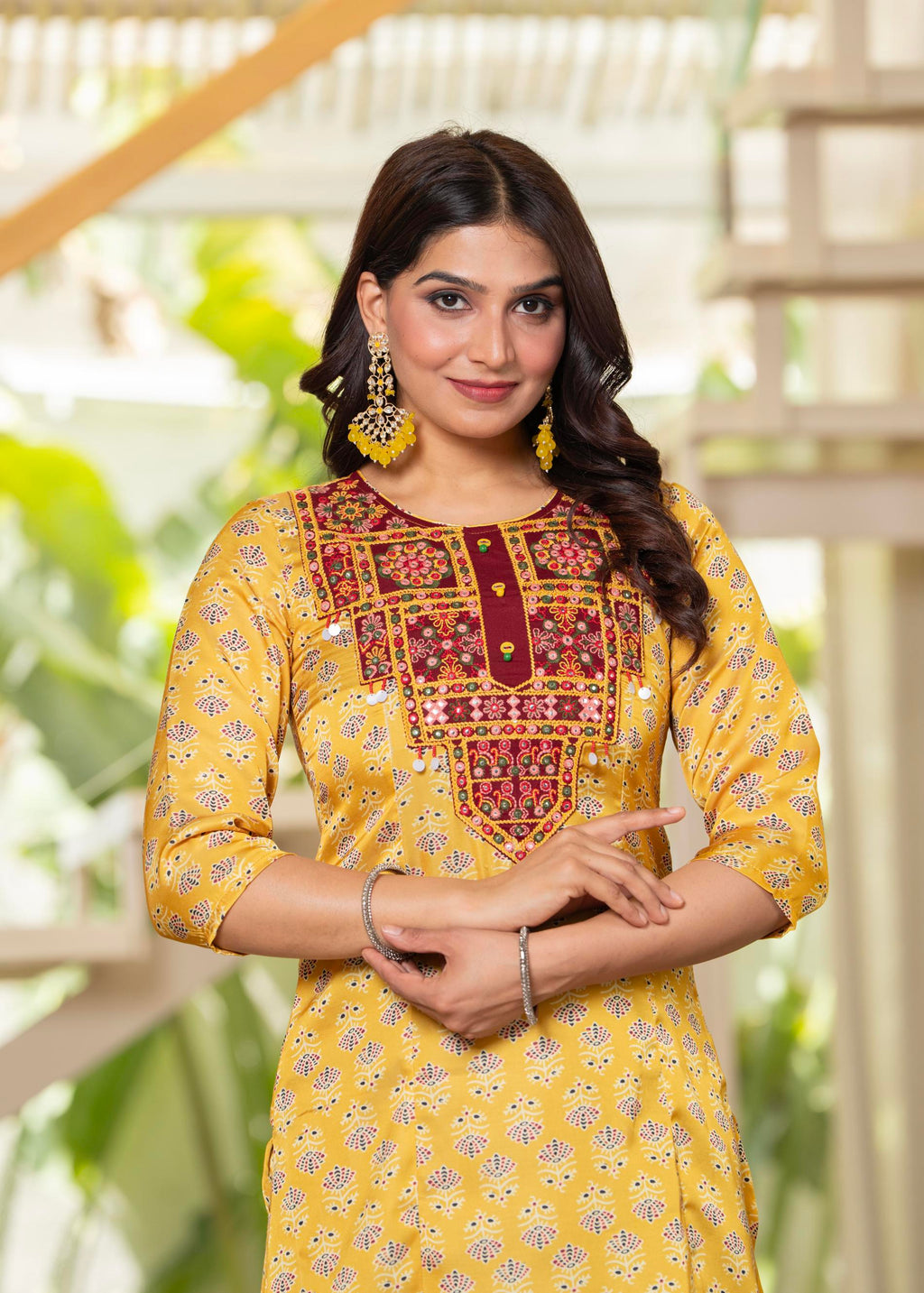 Juniper Yellow Floral Poly Kurta And Pants Set With Mirror, Thread Work - Distacart