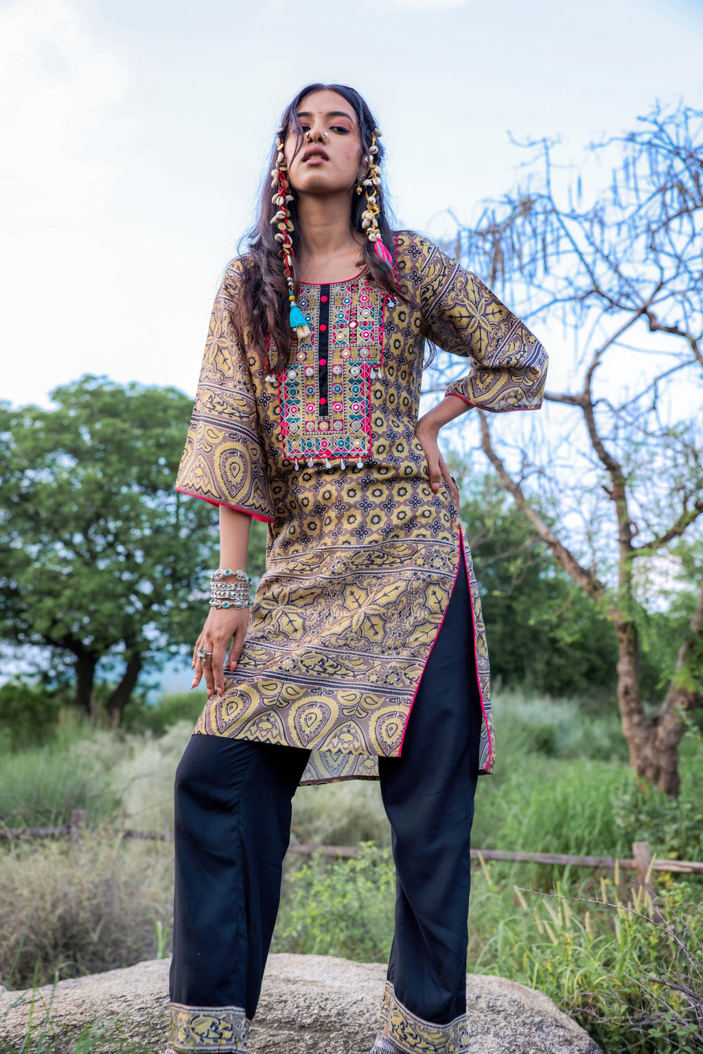 Juniper Polycotton Mustard Embroidered Kurta Pant Set With Mirror, Thread Work & Tassels - Distacart