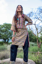 Juniper Polycotton Mustard Embroidered Kurta Pant Set With Mirror, Thread Work & Tassels - Distacart