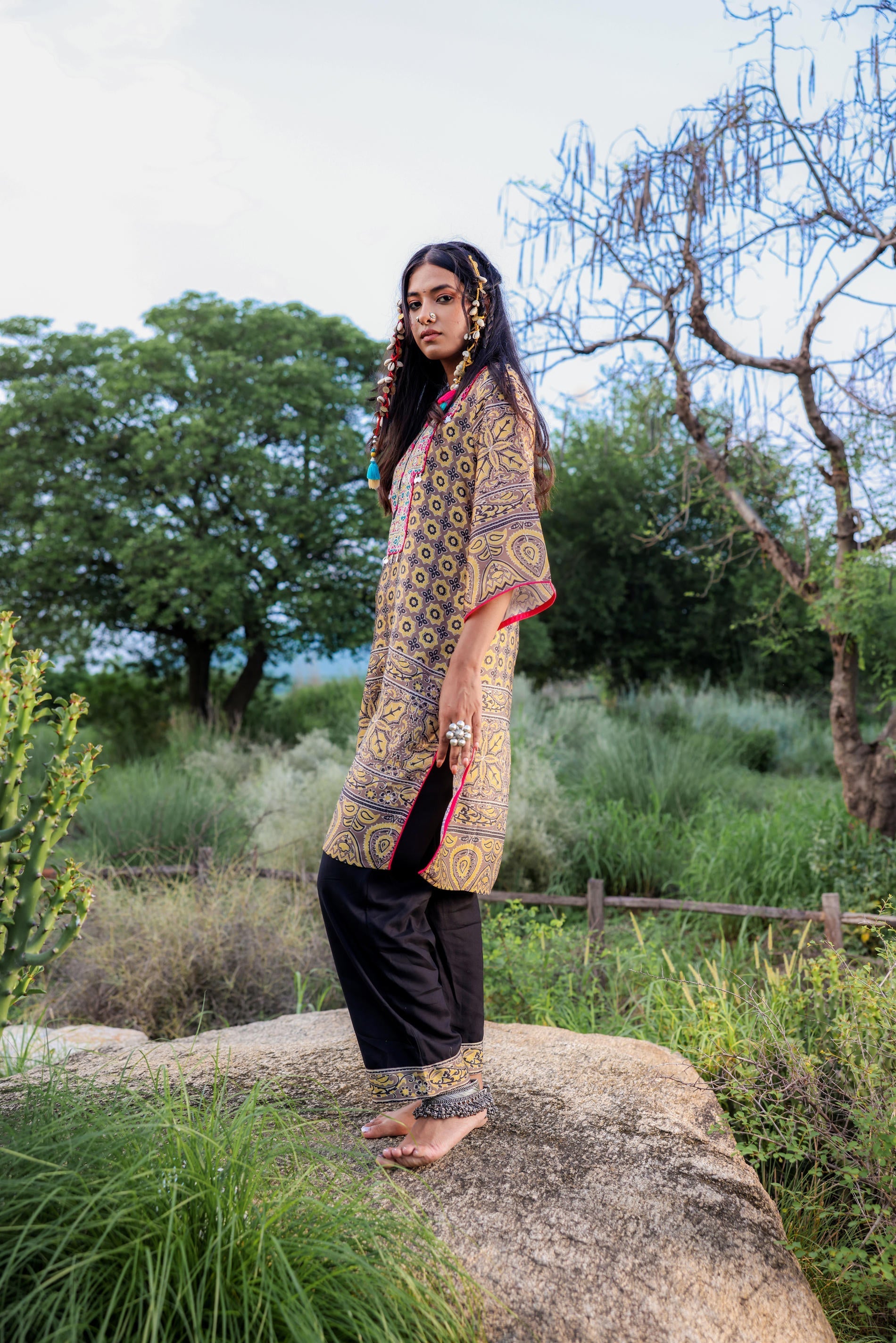 Juniper Polycotton Mustard Embroidered Kurta Pant Set With Mirror, Thread Work & Tassels - Distacart