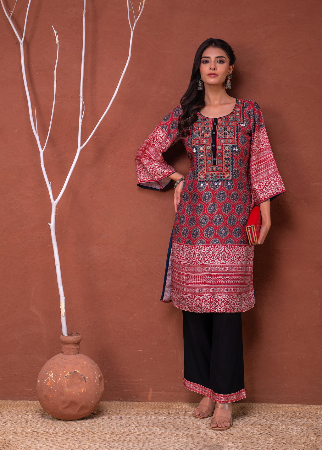 Juniper Polycotton Maroon Embroidered Kurta Pant Set With Mirror, Thread Work & Tassels - Distacart