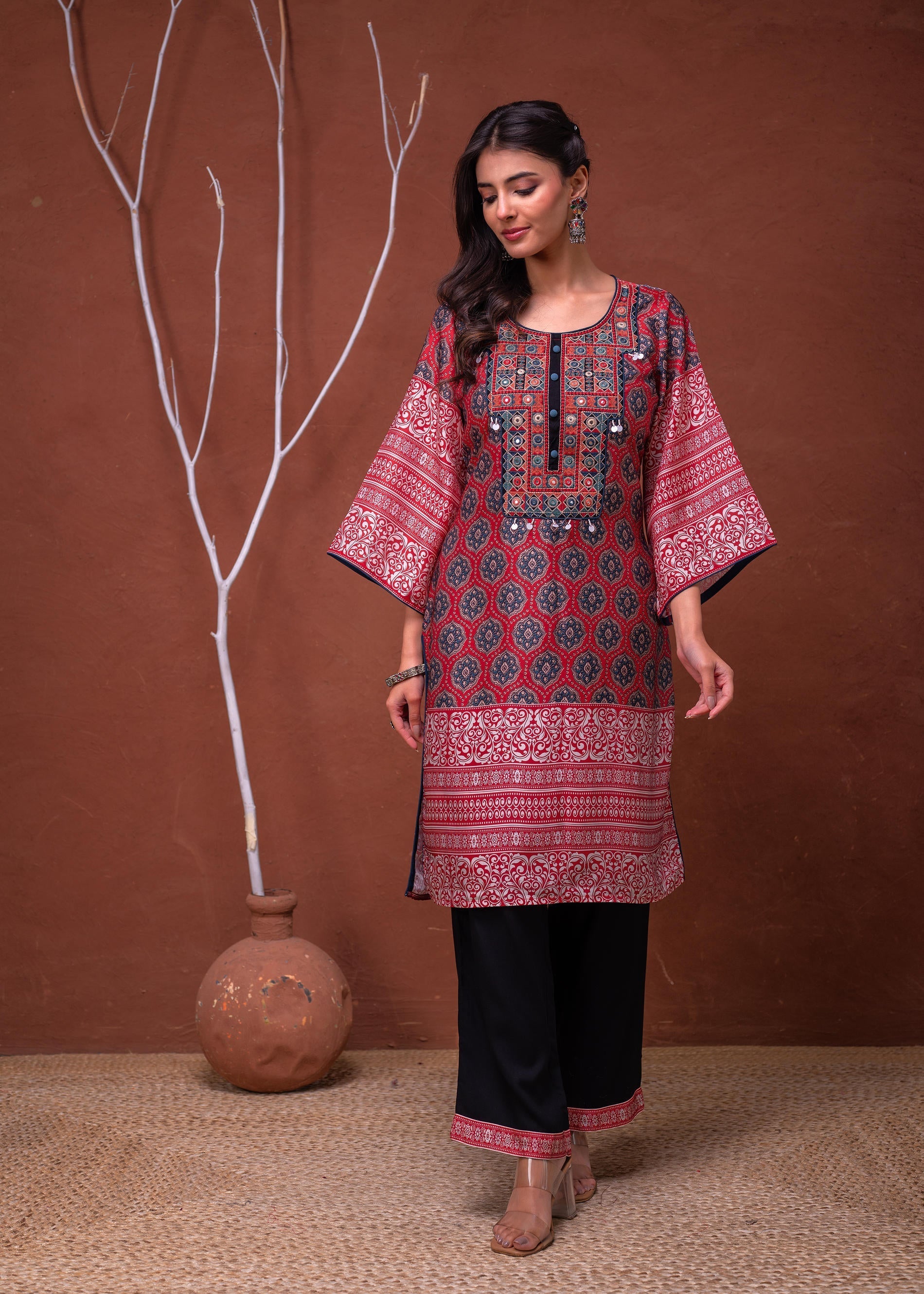 Juniper Polycotton Maroon Embroidered Kurta Pant Set With Mirror, Thread Work & Tassels - Distacart