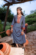 Juniper Teal Ethnic Motif Embroidered A-Line Kurta With Zari & Mirror Work - Distacart