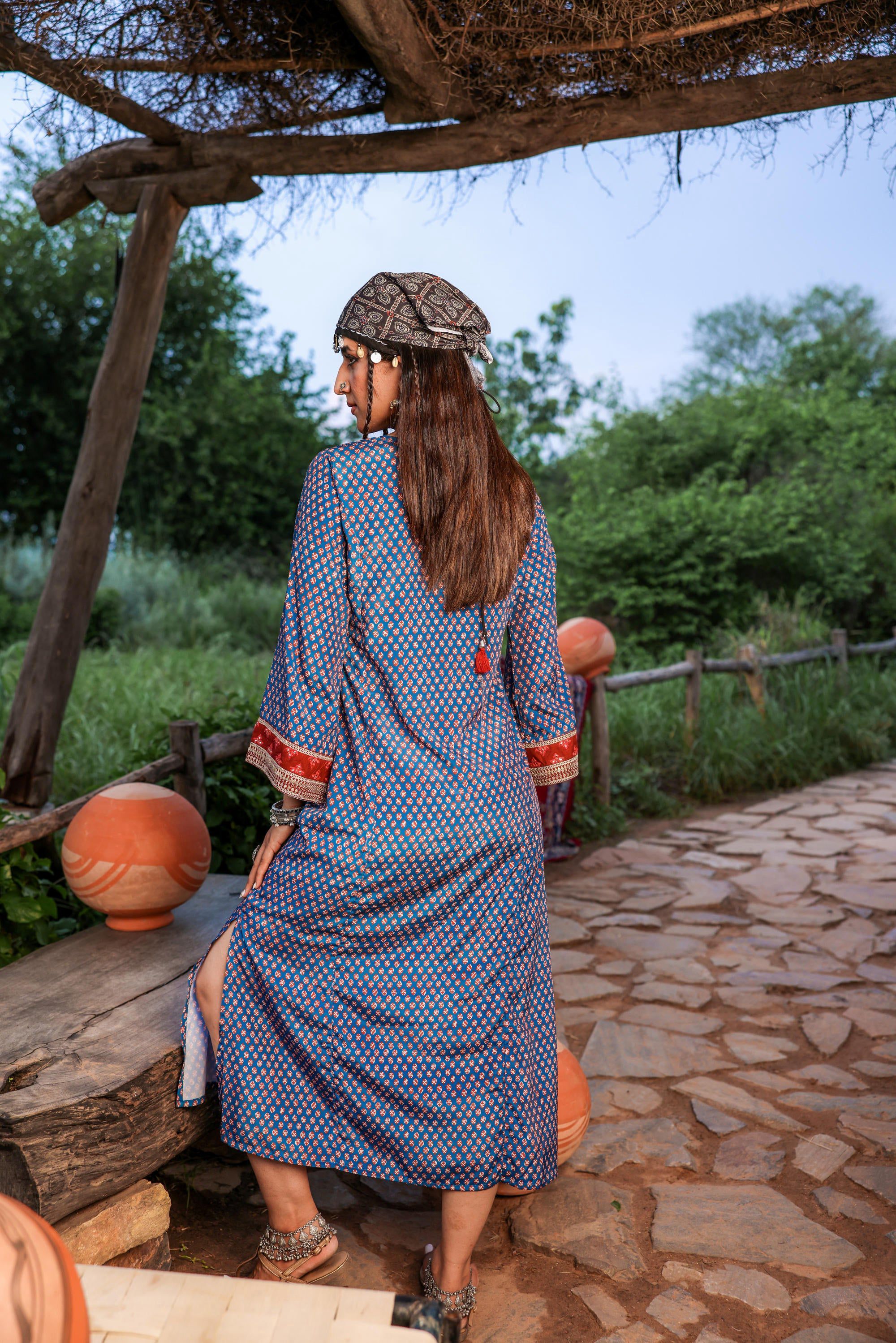 Juniper Teal Ethnic Motif Embroidered A-Line Kurta With Zari & Mirror Work - Distacart