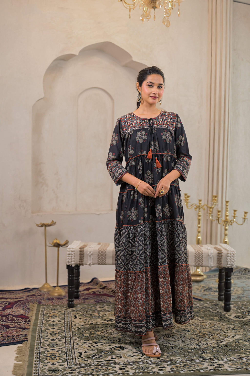 Juniper Black Man Made Fiber Ethnic Tiered Flared Long Dress With Mirror & Thread Work