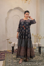 Juniper Black Man Made Fiber Ethnic Tiered Flared Long Dress With Mirror & Thread Work