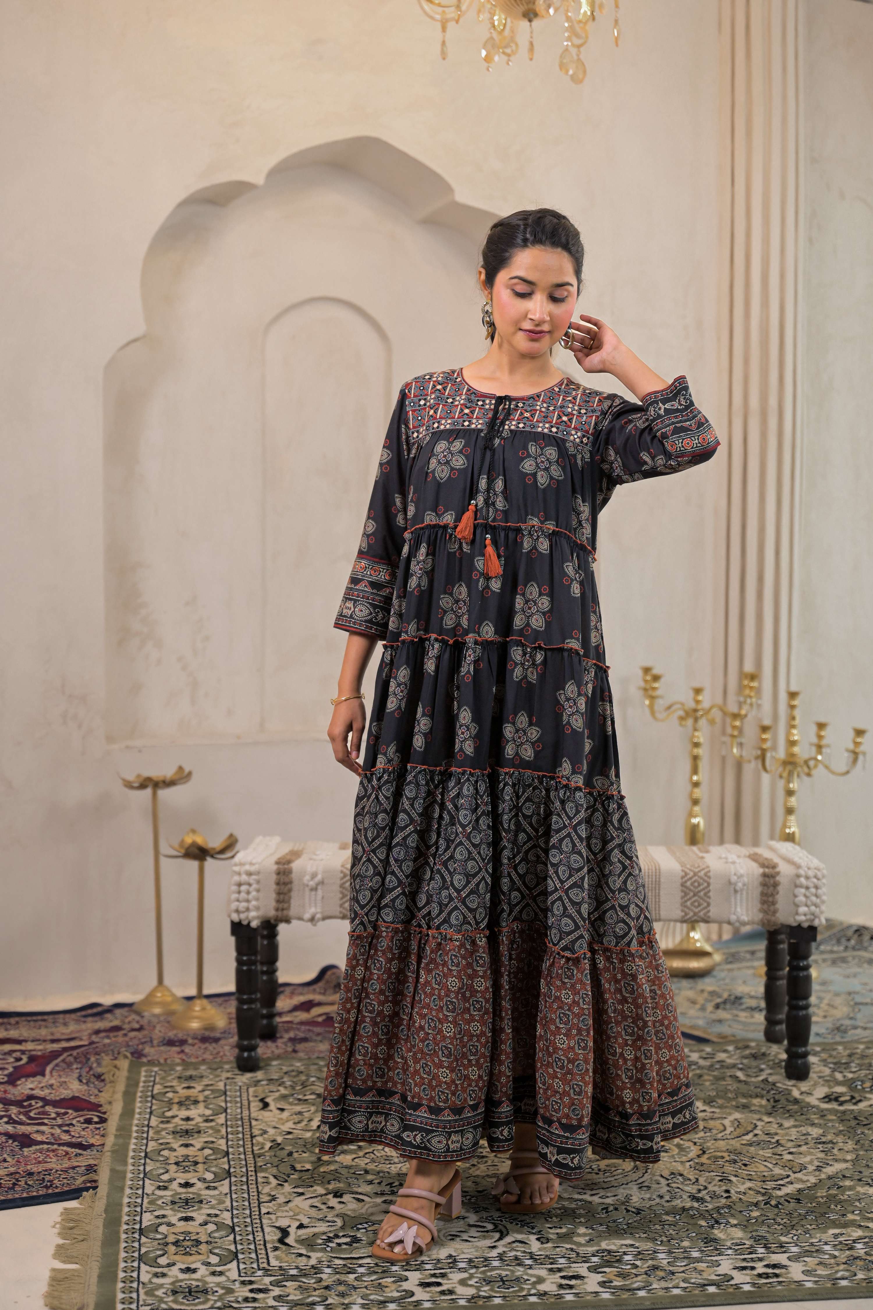 Juniper Black Man Made Fiber Ethnic Tiered Flared Long Dress With Mirror & Thread Work