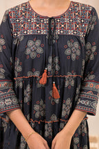 Juniper Black Man Made Fiber Ethnic Tiered Flared Long Dress With Mirror & Thread Work