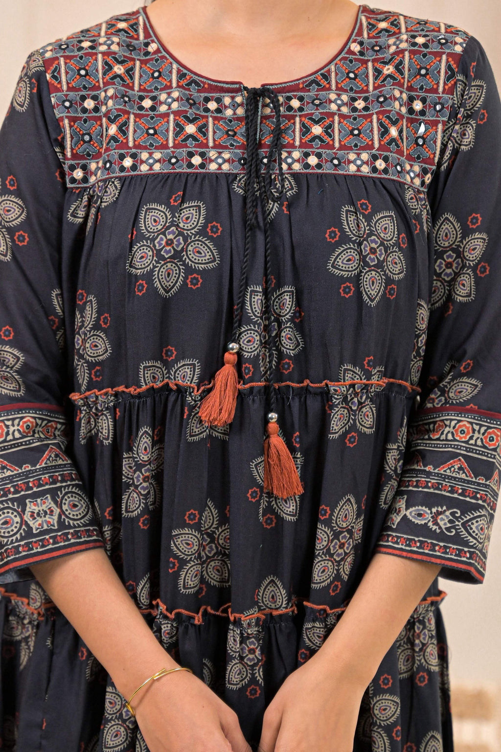 Juniper Black Man Made Fiber Ethnic Tiered Flared Long Dress With Mirror & Thread Work - Distacart