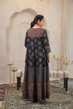 Juniper Black Man Made Fiber Ethnic Tiered Flared Long Dress With Mirror & Thread Work