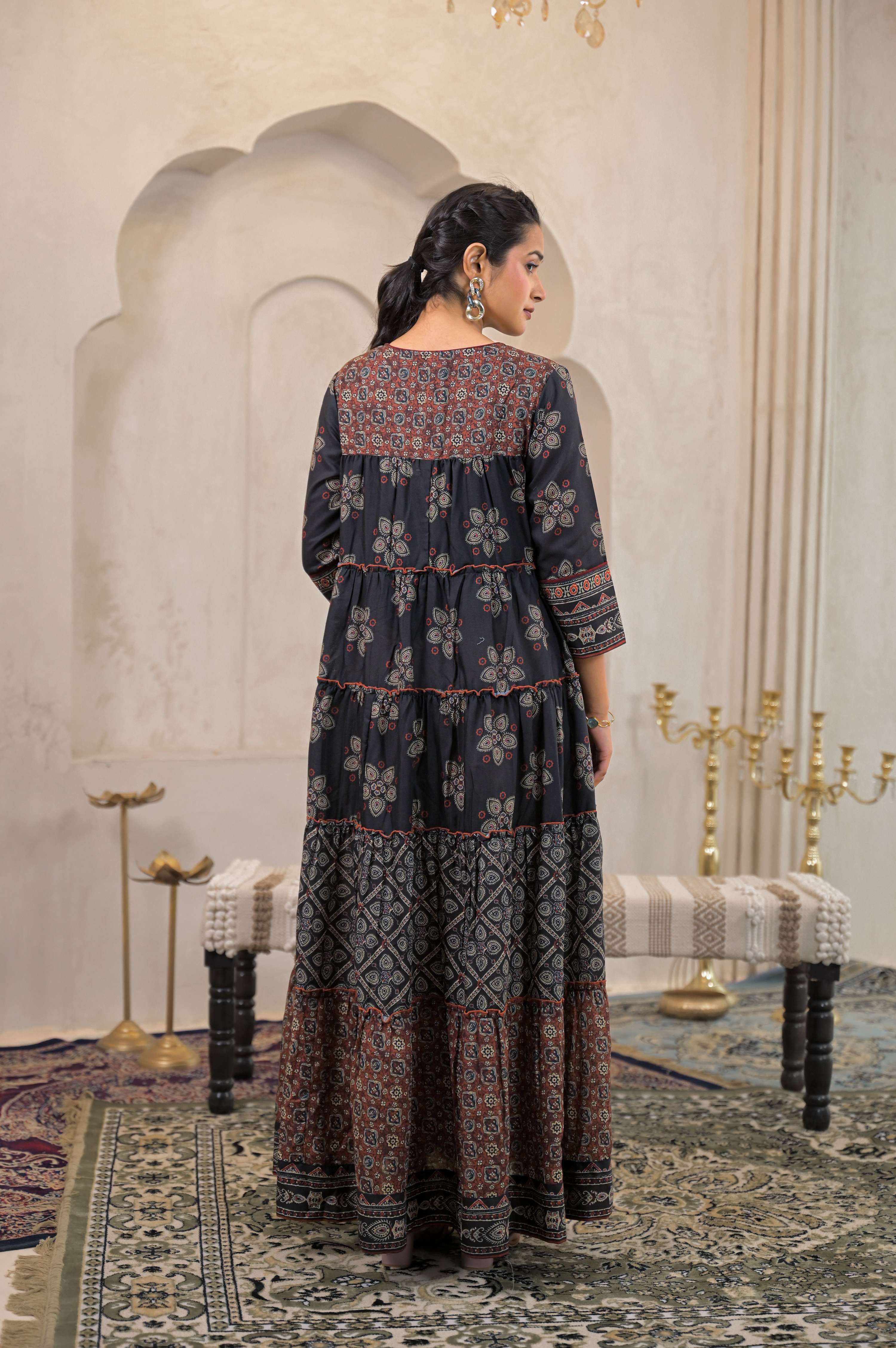 Juniper Black Man Made Fiber Ethnic Tiered Flared Long Dress With Mirror & Thread Work