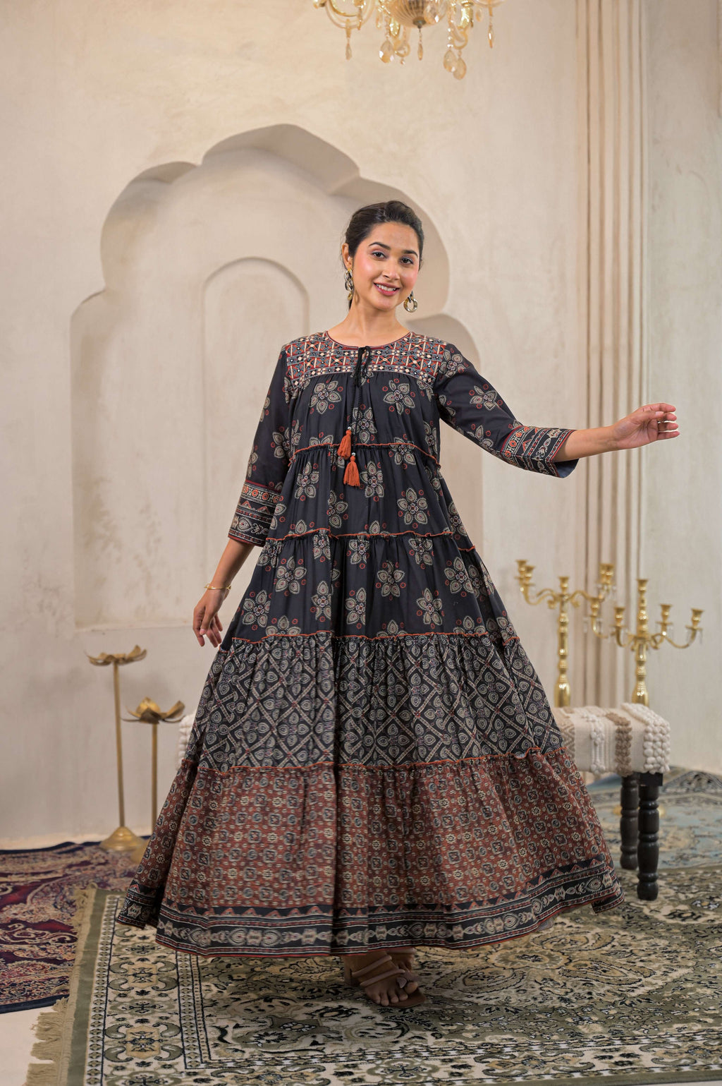Juniper Black Man Made Fiber Ethnic Tiered Flared Long Dress With Mirror & Thread Work - Distacart