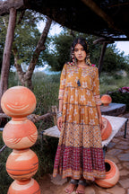Juniper Mustard Embroidered Anarkali Long Dress With Tassels & Mirror Work - Distacart