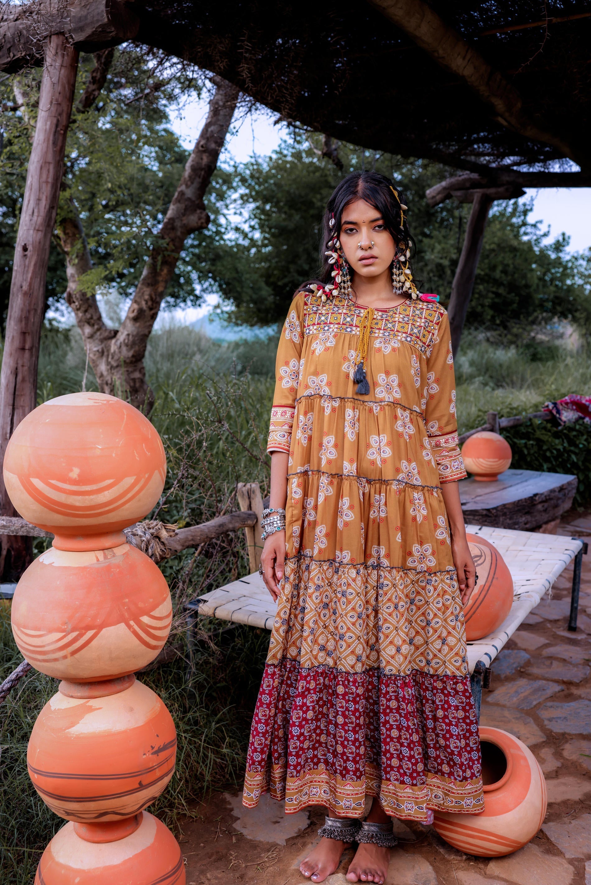 Juniper Mustard Embroidered Anarkali Long Dress With Tassels & Mirror Work - Distacart