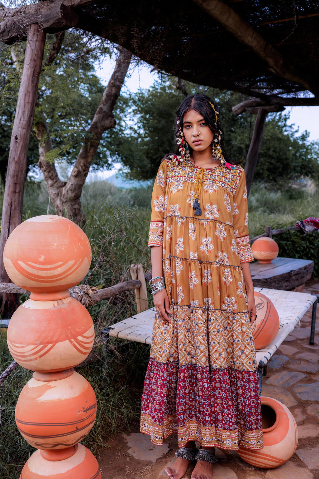 Juniper Mustard Embroidered Anarkali Long Dress With Tassels & Mirror Work - Distacart