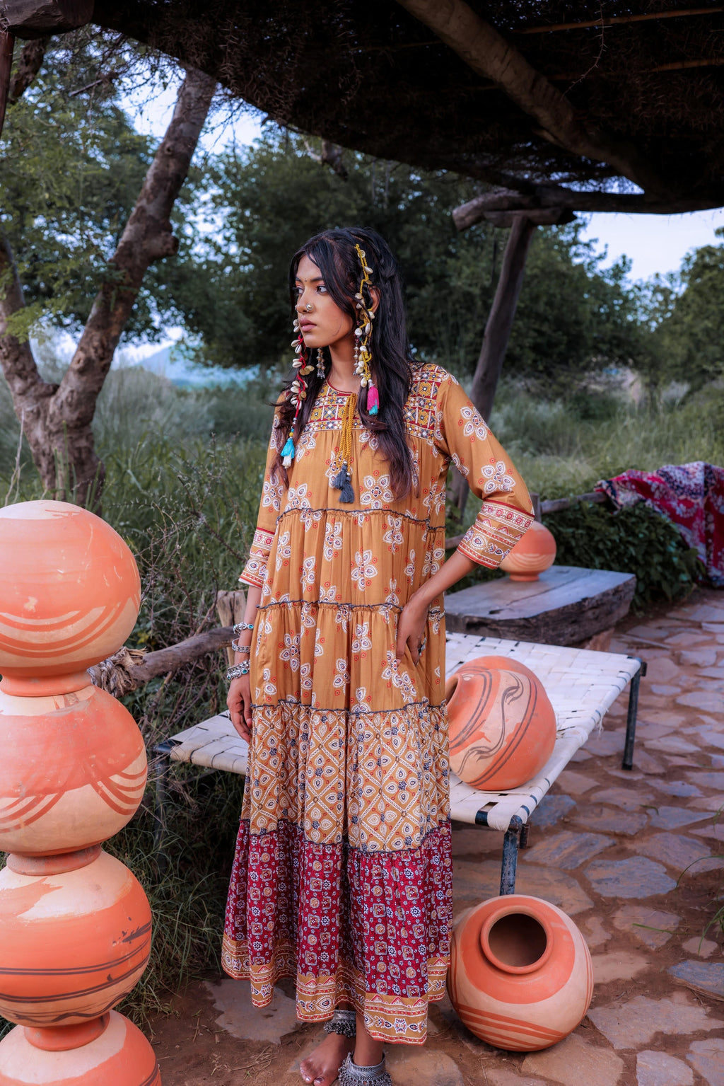 Juniper Mustard Embroidered Anarkali Long Dress With Tassels & Mirror Work - Distacart