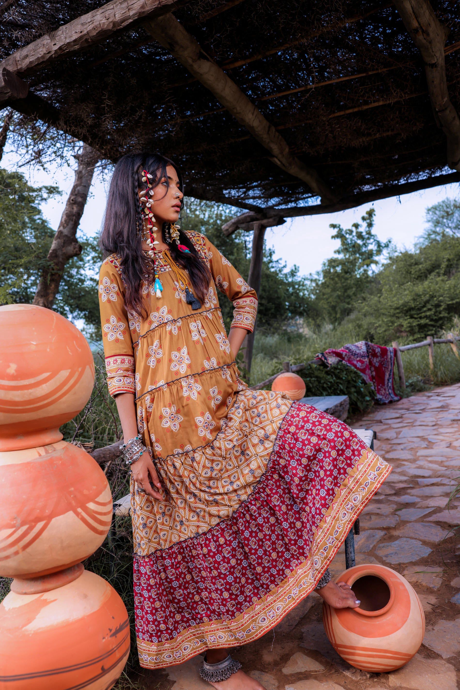 Juniper Mustard Embroidered Anarkali Long Dress With Tassels & Mirror Work - Distacart