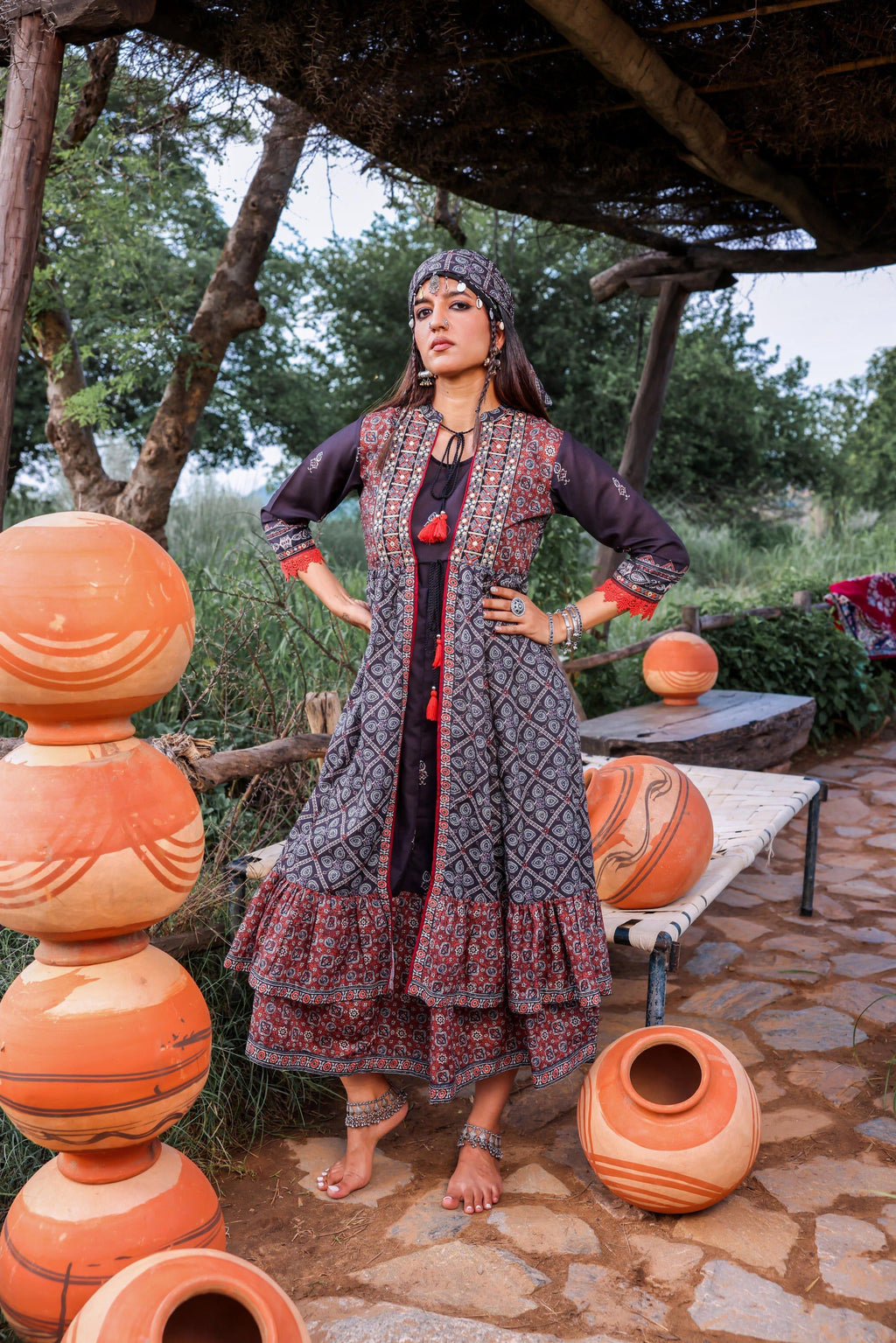 Juniper Black Embroidered Double-Layered Long Dress With Inner & Mirror Work - Distacart