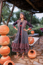 Juniper Black Embroidered Double-Layered Long Dress With Inner & Mirror Work - Distacart