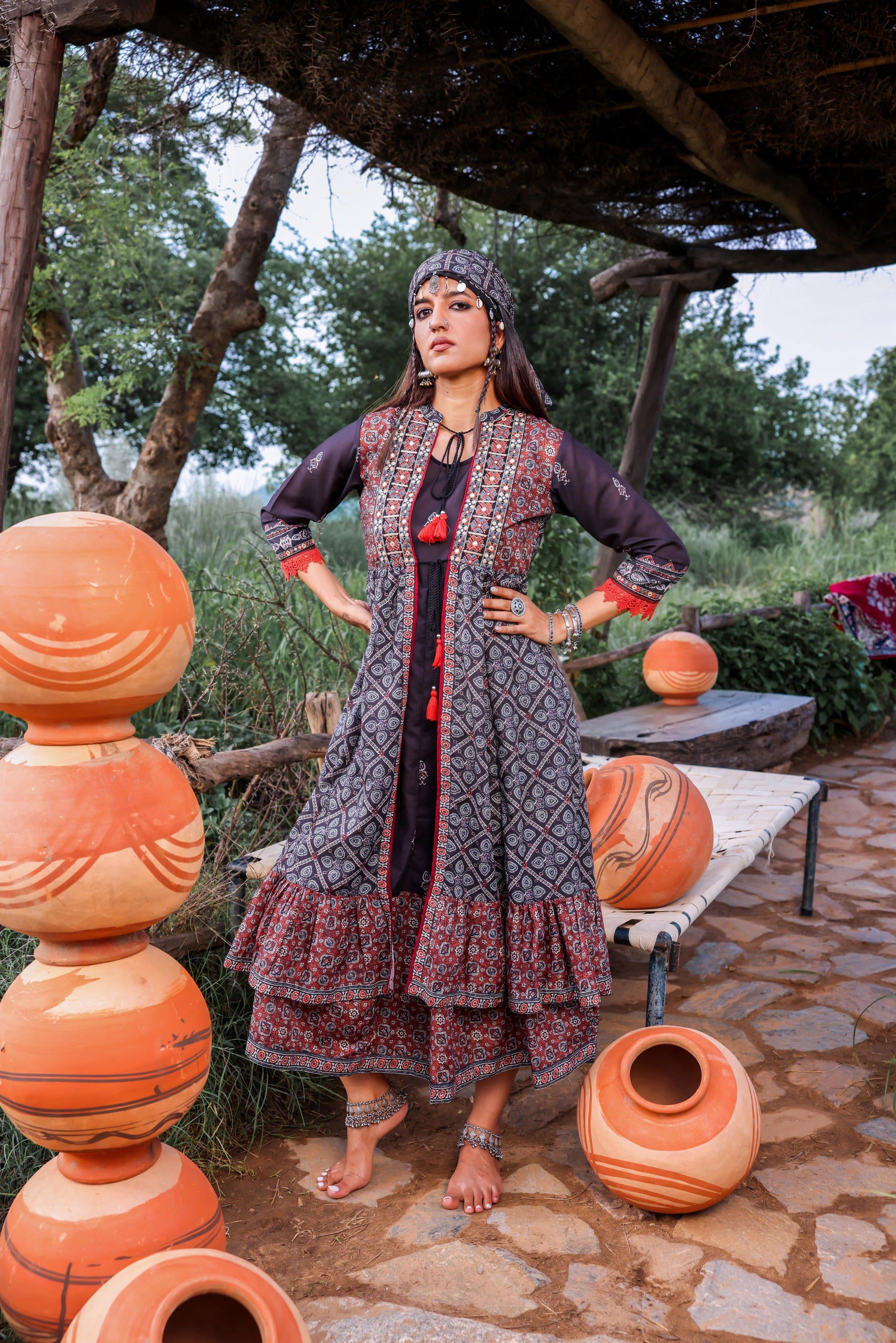 Juniper Black Embroidered Double-Layered Long Dress With Inner & Mirror Work - Distacart
