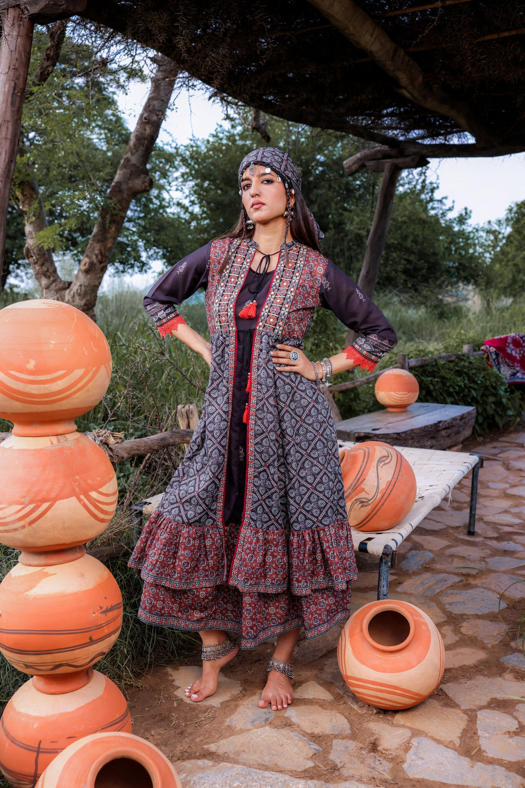 Juniper Black Embroidered Double-Layered Long Dress With Inner & Mirror Work - Distacart