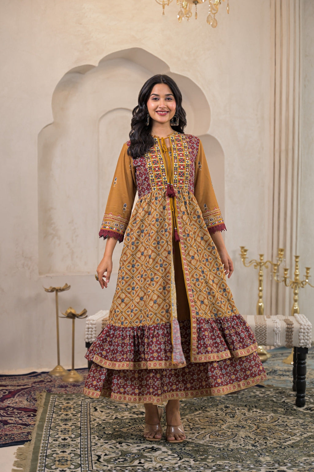 Juniper Mustard Man Made Fiber Ethnic Double Layered Flared Long Dress With Inner & Mirror Thread Work - Distacart