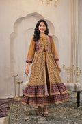 Juniper Mustard Man Made Fiber Ethnic Double Layered Flared Long Dress With Inner & Mirror Thread Work - Distacart