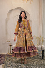 Juniper Mustard Man Made Fiber Ethnic Double Layered Flared Long Dress With Inner & Mirror Thread Work - Distacart