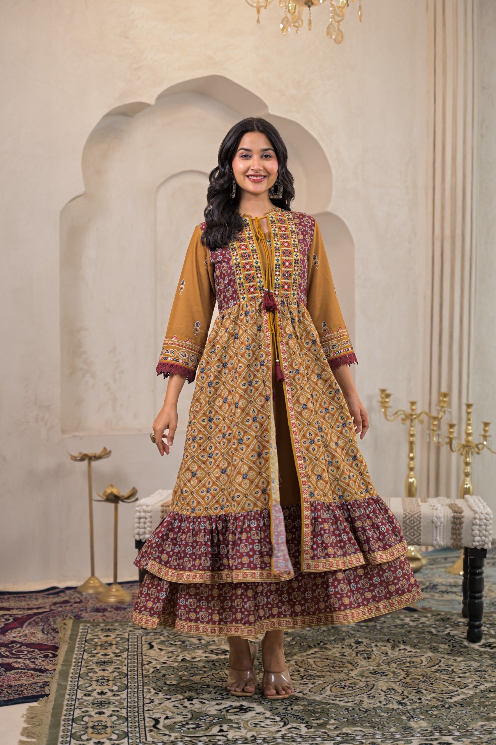 Juniper Mustard Man Made Fiber Ethnic Double Layered Flared Long Dress With Inner & Mirror Thread Work - Distacart