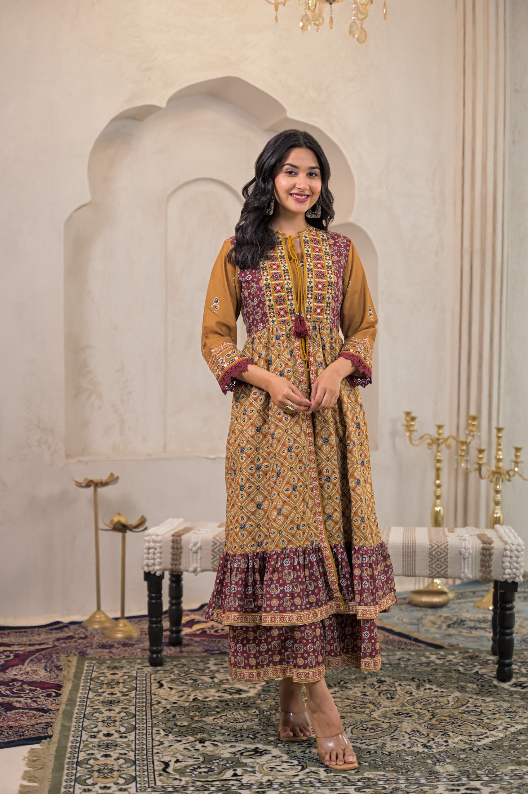 Juniper Mustard Man Made Fiber Ethnic Double Layered Flared Long Dress With Inner & Mirror Thread Work - Distacart