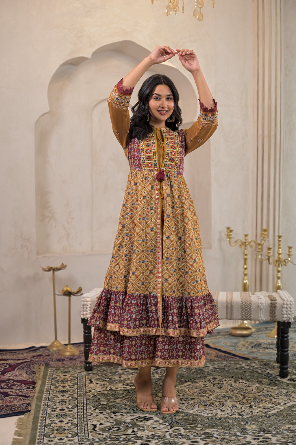 Juniper Mustard Man Made Fiber Ethnic Double Layered Flared Long Dress With Inner & Mirror Thread Work - Distacart