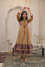 Juniper Mustard Man Made Fiber Ethnic Double Layered Flared Long Dress With Inner & Mirror Thread Work - Distacart
