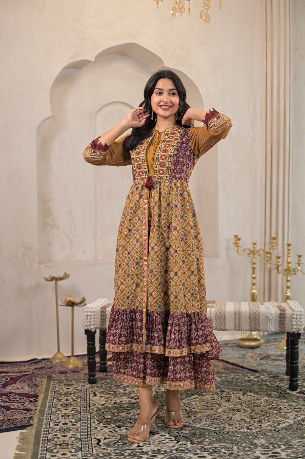 Juniper Mustard Man Made Fiber Ethnic Double Layered Flared Long Dress With Inner & Mirror Thread Work - Distacart